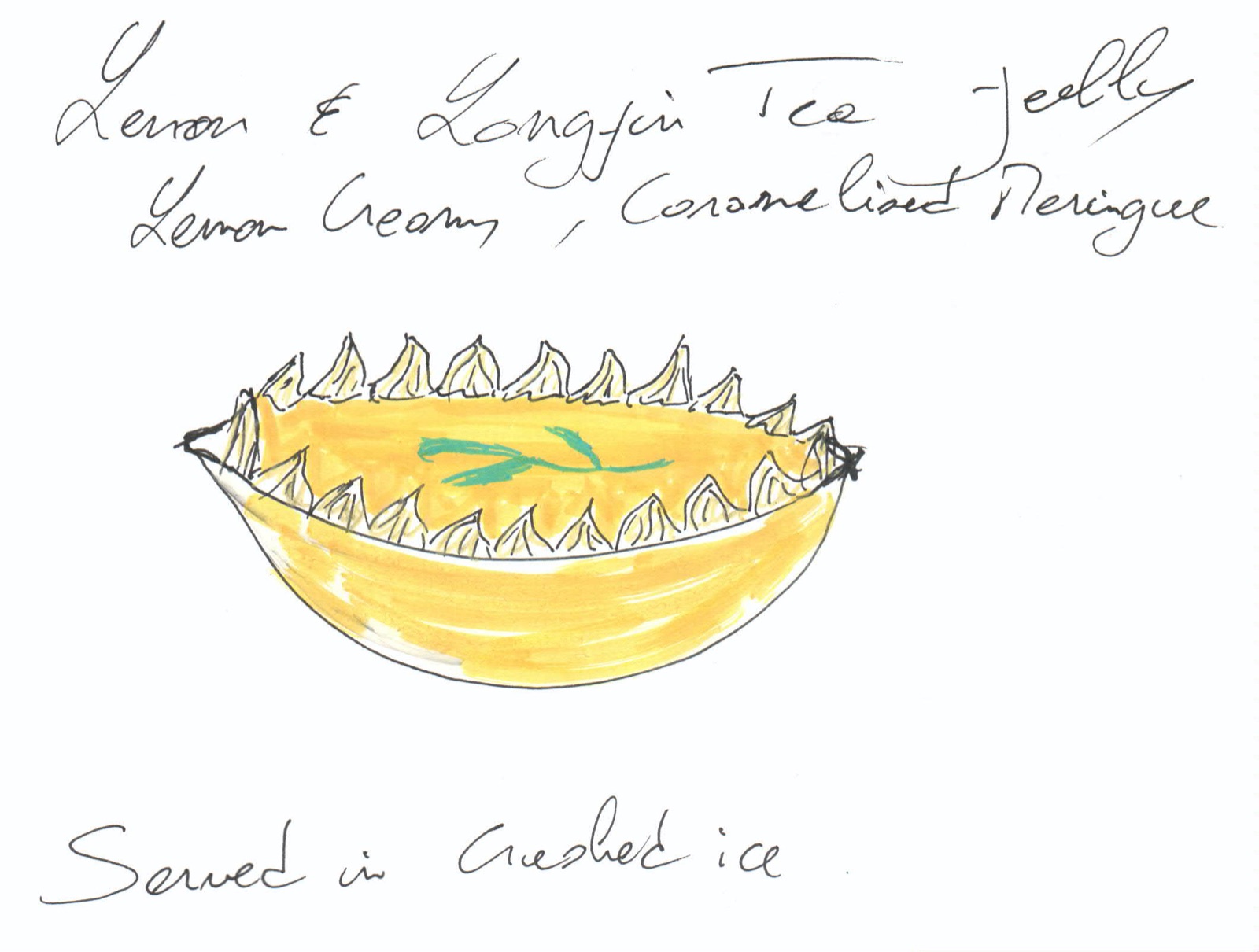 Lemon & Longjin Ice Jelly — lemon cream, caramelised meringue, served in crushed ice — sketch by Jérôme Tauvron