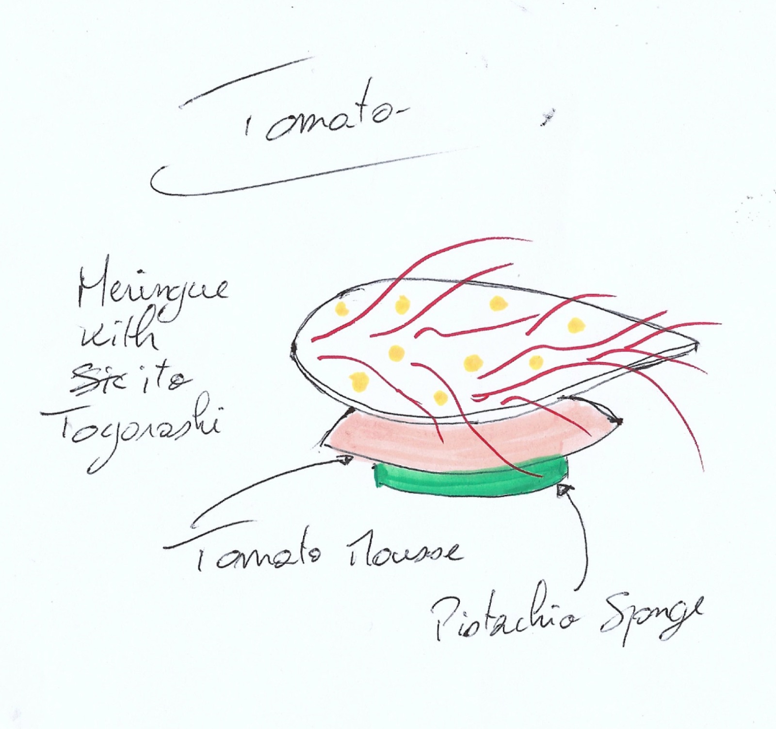 Tomato — meringue with Shichito Togarashi, tomato mousse, pistachio sponge sketch by Jérôme Tauvron
